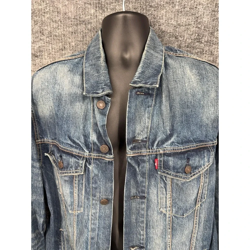 Levis Denim Jacket Mens XL Blue Button Front Faded Distressed Western Casual